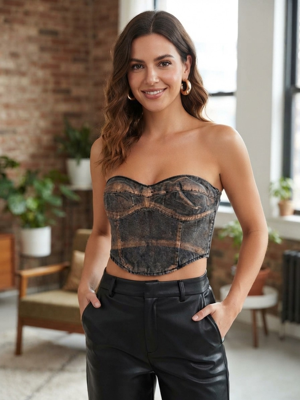 Mango Washed Black and Brown Strapless Corset Bandeau